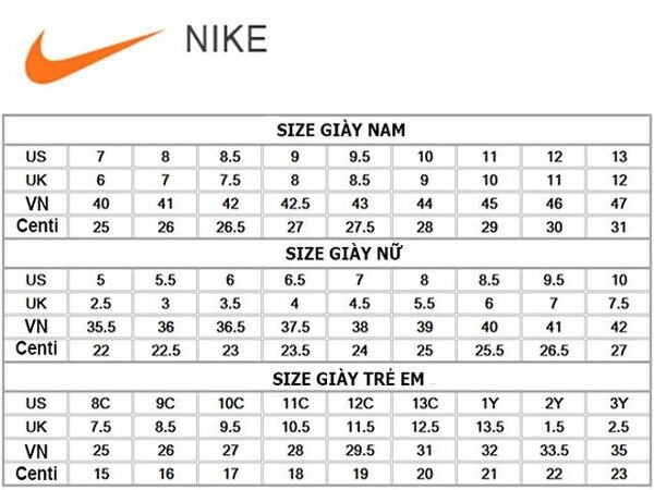 Bảng size giày đá bóng nike mới nhất năm 2024